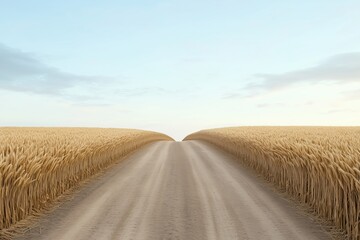 Obraz premium Dirt road dividing ripe wheat fields under open sky. countryside travel
