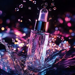 Serene serum bottle in water splash