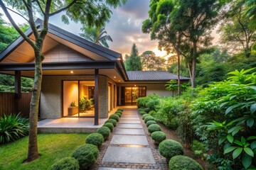 Fototapeta premium Serene Sunset Vista Modern Architectural Design with Lush Landscaping and Stone Pathway