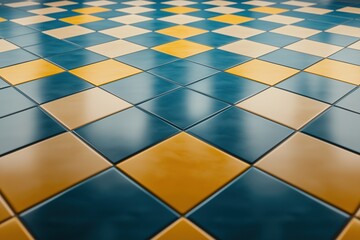 Checkerboard pattern in yellow and blue tiles. geometric surface design