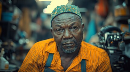 Serious African Man in a Busy Workshop
