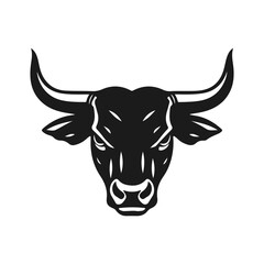 A bull logo with powerful horns. Aggressive and dynamic style symbolizing strength, courage and fortitude. Bull logo, animal head, horned beast, strong symbol