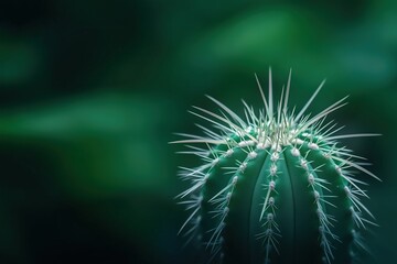 Fototapeta premium Green cactus with long white thorns on dark background. botanical education