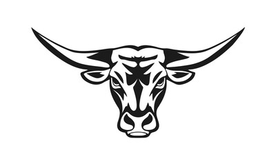 A bull logo with powerful horns. Aggressive and dynamic style symbolizing strength, courage and fortitude. Bull logo, animal head, horned beast, strong symbol