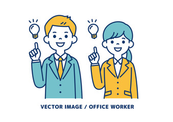 いいアイデアがひらめいた、男女の会社員のシンプルなベクターイラスト素材＿線の編集可能