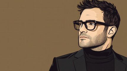 Obraz premium Stylish Young Man in Glasses and Turtleneck Sweater Posing Against a Minimalist Beige Background, Exuding Confidence and Professional Aesthetic