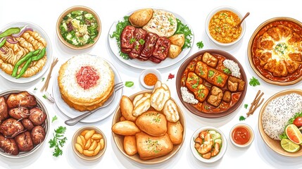 Colorful halal food stall displaying a variety of delicious dishes representing diverse culinary traditions and cultures