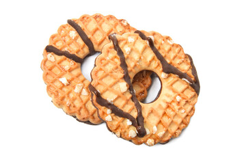 Cookies crispy pastry glazed with chocolate and sugar isolated on white 