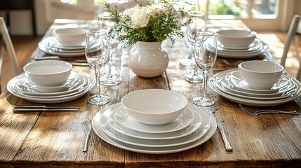 Set Table with White Dishes, Wooden Table, Flowers, Sunlight