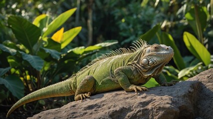 Obraz premium A green iguana resting on a rock surrounded by lush foliage in a vibrant environment.