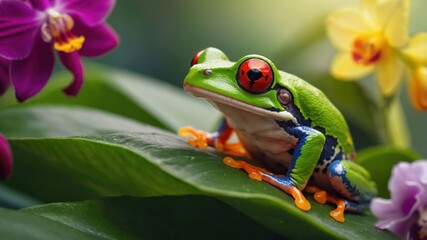 A vibrant red-eyed tree frog perched on a leaf surrounded by colorful orchids.