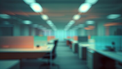 Fototapeta premium Blurred view of an empty office space with desks and chairs during late afternoon hours