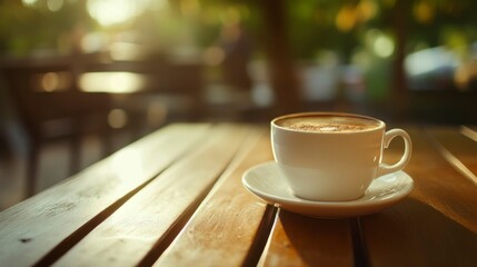 Fototapeta premium Coffee cup on a wooden table, radiating warmth and simplicity, evoking a sense of calm and morning serenity.