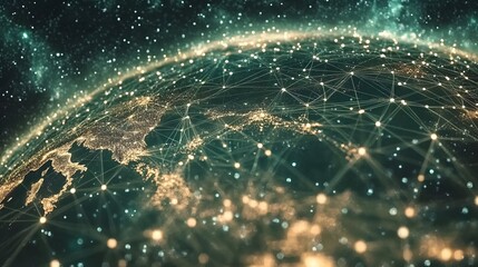 A glowing global network of interconnected data points forming a digital Earth, symbolizing worldwide communication, artificial intelligence, and future technology in global connectivity.  