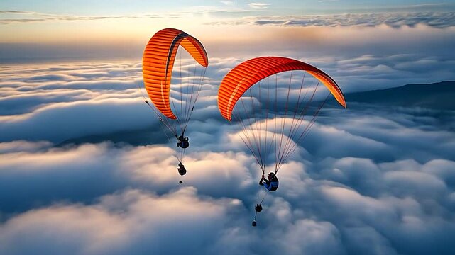 Two paragliders soaring above a sea of clouds at sunrise, capturing a serene moment