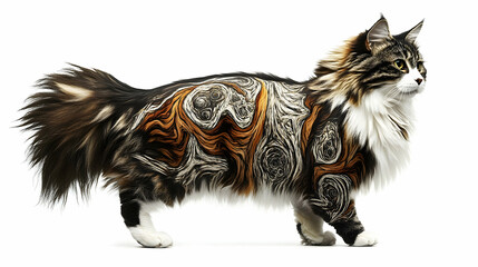 A majestic cat with intricate marbled patterns walking gracefully against a plain background
