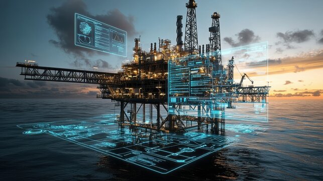 Offshore oil and gas production platform operating at sunset with an aerial drone view of the industrial facility on the open ocean