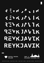Reykjavik typography minimalist vector poster for event, national festival, holiday layout. Brochure, leaflet, flyer, advertising image template with text, black and white colors for Iceland