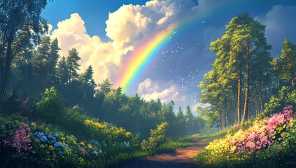 Beautiful rainbow over a forest landscape with trees, flowers, and a path in the spring or summer season.