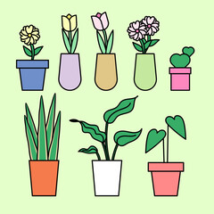다양한 꽃과 식물 화분 일러스트 세트. 튤립, 선인장 일러스트. 인테리어 장식. 배경과 분리된 벡터 일러스트.