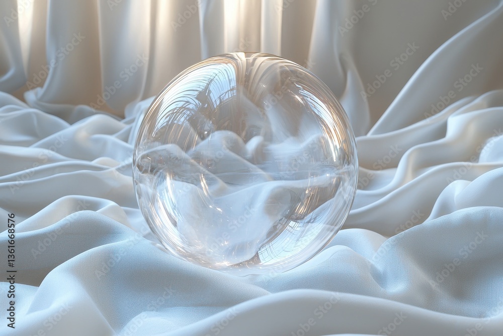 Aufkleber crystal sphere resting on soft white fabric with natural light illuminating the scene