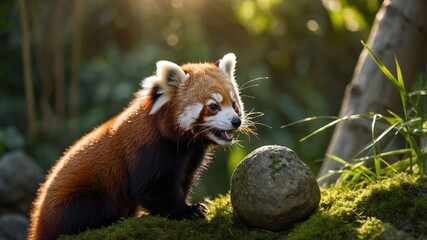 Fototapeta premium A red panda interacts playfully with a stone in a lush, green environment.