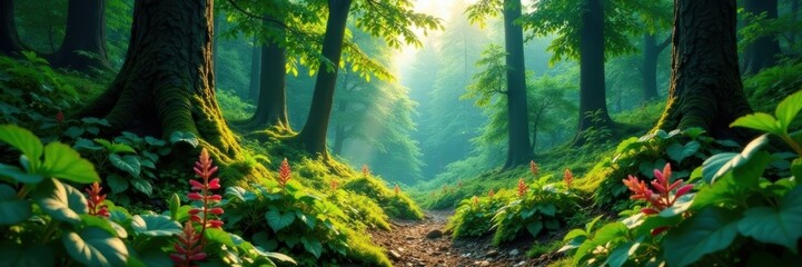 Dense forest undergrowth, diverse herbs and plants , greenery, environment, vegetation