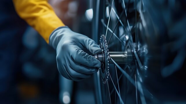 Worker adjusting bicycle wheel mechanism in workshop. maintenance and repair concept