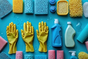 Bright and colorful cleaning supplies arranged on a blue background for a fresh start