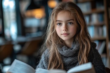 Young girl reading a book in a cozy library setting during the afternoon
