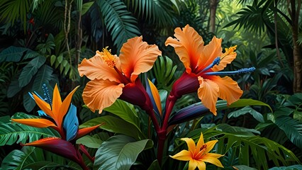 A colorful display of exotic hibiscus and birds of paradise, contrasted against the deep green of lush jungle leaves, creating a tropical paradise scene.