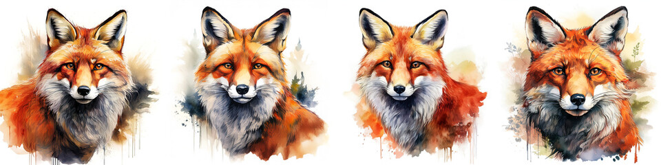 Obraz premium Illustration of a group of red fox heads isolated on white background, collection and variation. Watercolor illustration with bright colors. Fox looking at camera. Generative Ai.