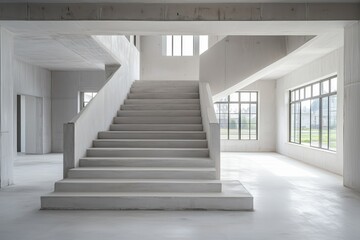 Obraz premium Minimalistic white staircase inside bright modern building. architectural interior concept