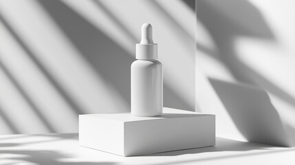 A white dropper bottle of skin care serum product with a white background. The bottle stands alone on a white box and white surface with studio lighting