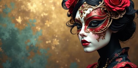 Elegant masked head, swirling painted background, beauty, paint, vogue