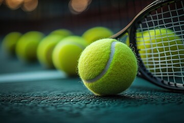 Bright yellow tennis ball rolls on court with racket nearby during training session in the evening