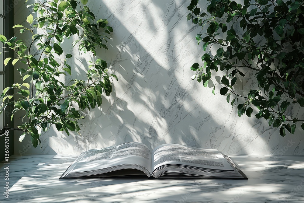 Aufkleber open book resting on a marble surface surrounded by greenery in soft afternoon light