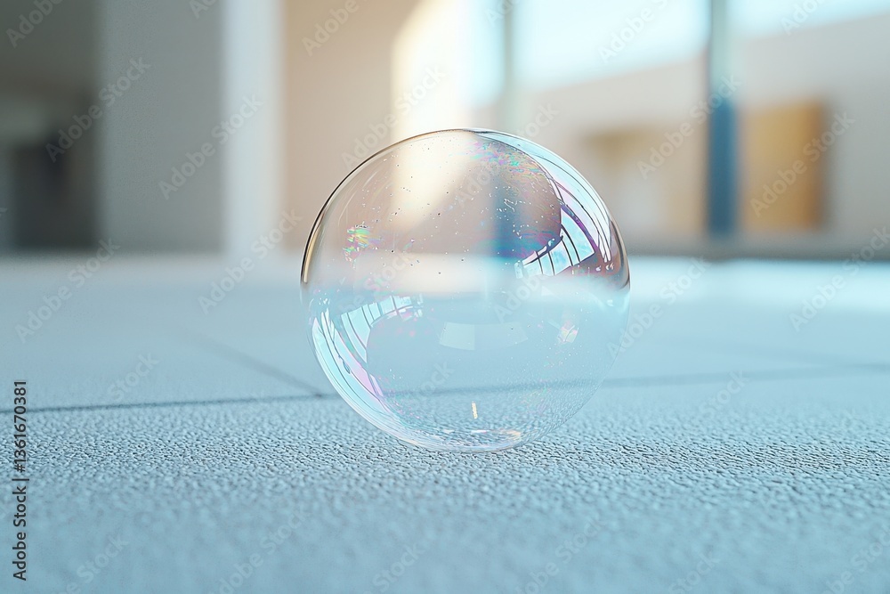 Poster colorful soap bubble resting on a smooth surface in a well-lit indoor space