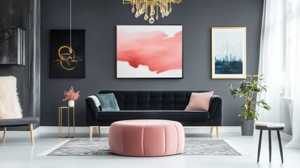 Modern Living Room with Artwork and Pink Accent