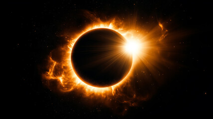 Dramatic solar eclipse with glowing sunlight and celestial details in the background
