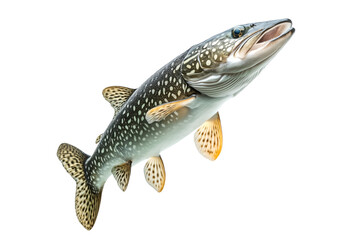 Naklejka premium Detailed northern pike fish with spotted scales, fins and sharp jaw isolated on white transparent background, concept of aquatic life