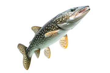 Detailed northern pike fish with spotted scales, fins and sharp jaw isolated on white transparent background, concept of aquatic life