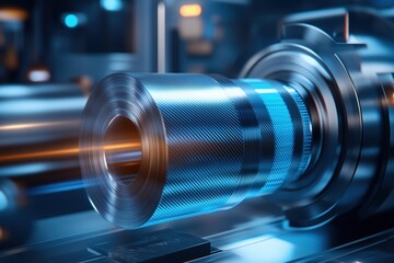 Fototapeta premium Steel roll spinning in industrial machine. metal processing factory