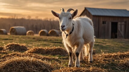 Obraz premium A goat stands in a field at sunset, surrounded by hay bales and a barn in the background.