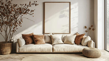 Bohemian Living Room Decor: Beige Sofa, Mockup Poster & Natural Accents