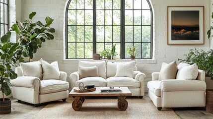 Here's the requested information

 Cozy Living Room Interior with Large Windows and Plants