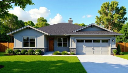 Gray ranch house, single story, suburban setting, property, house, shadow