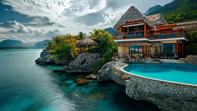 Luxurious seaside villa with a thatch roof, pool, and stunning turquoise water views.