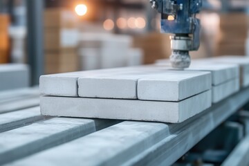 Concrete bricks on automated line in modern facility. construction concept