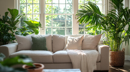 Sunlit Living Room: Cozy Beige Sofa with Lush Greenery